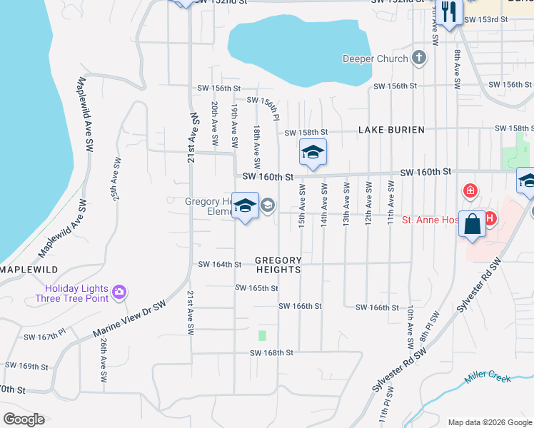 map of restaurants, bars, coffee shops, grocery stores, and more near 16201 16th Avenue Southwest in Burien
