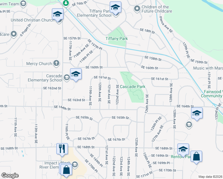 map of restaurants, bars, coffee shops, grocery stores, and more near 16136 121st Avenue Southeast in Renton