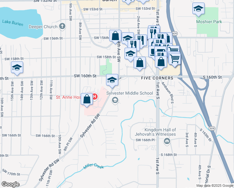 map of restaurants, bars, coffee shops, grocery stores, and more near 16222 Sylvester Road Southwest in Burien