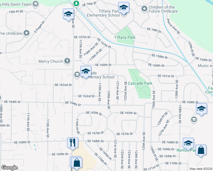 map of restaurants, bars, coffee shops, grocery stores, and more near 16125 120th Avenue Southeast in Renton