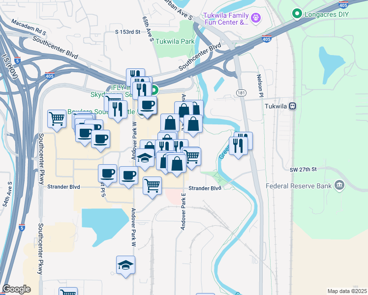 map of restaurants, bars, coffee shops, grocery stores, and more near 500 Baker Boulevard in Tukwila