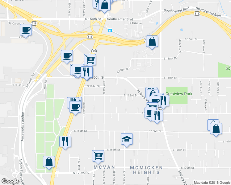 map of restaurants, bars, coffee shops, grocery stores, and more near 3436 South 162nd Street in SeaTac