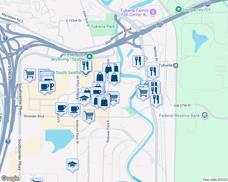 map of restaurants, bars, coffee shops, grocery stores, and more near 130 Andover Park East in Tukwila