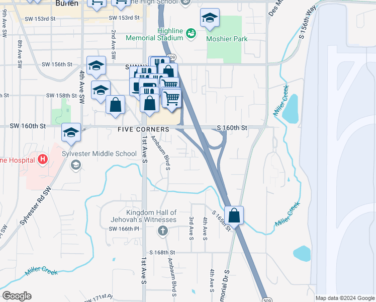 map of restaurants, bars, coffee shops, grocery stores, and more near 250 South 162nd Street in Burien