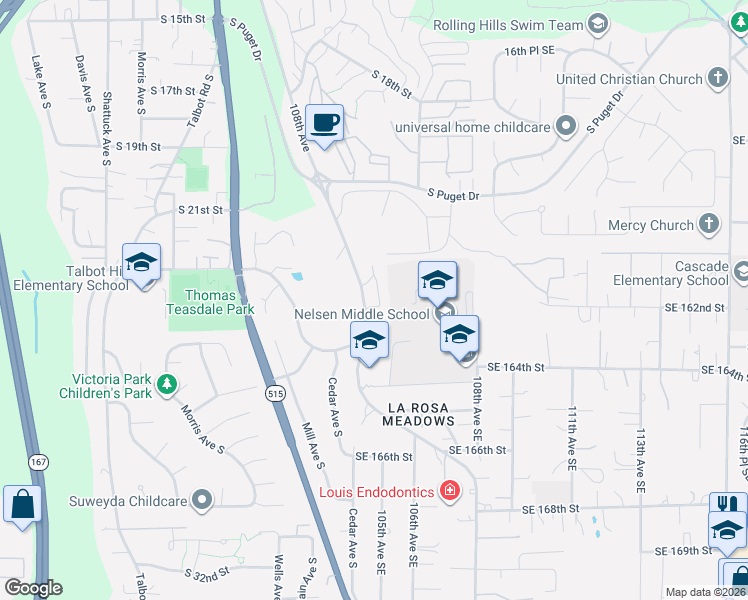 map of restaurants, bars, coffee shops, grocery stores, and more near 2300 Benson Road South in Renton
