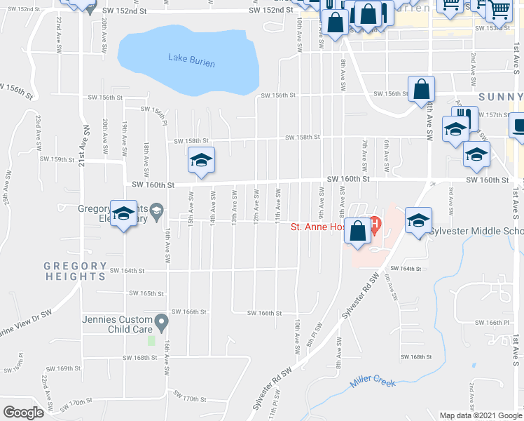 map of restaurants, bars, coffee shops, grocery stores, and more near 16040 12th Avenue Southwest in Burien