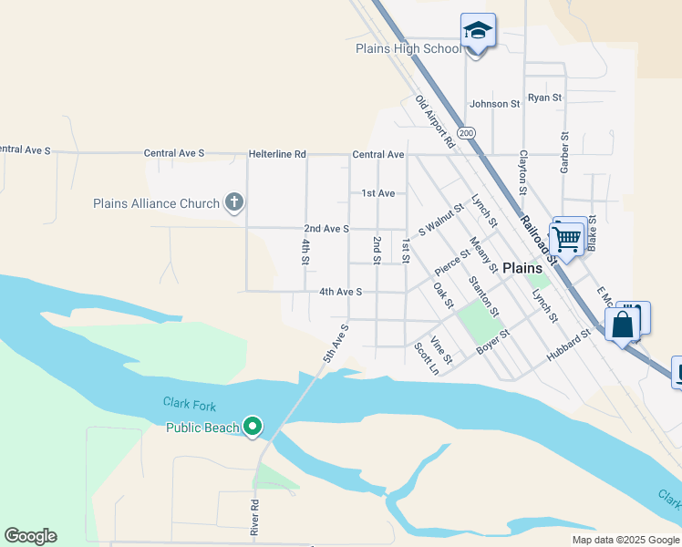 map of restaurants, bars, coffee shops, grocery stores, and more near 305 3rd Street in Plains