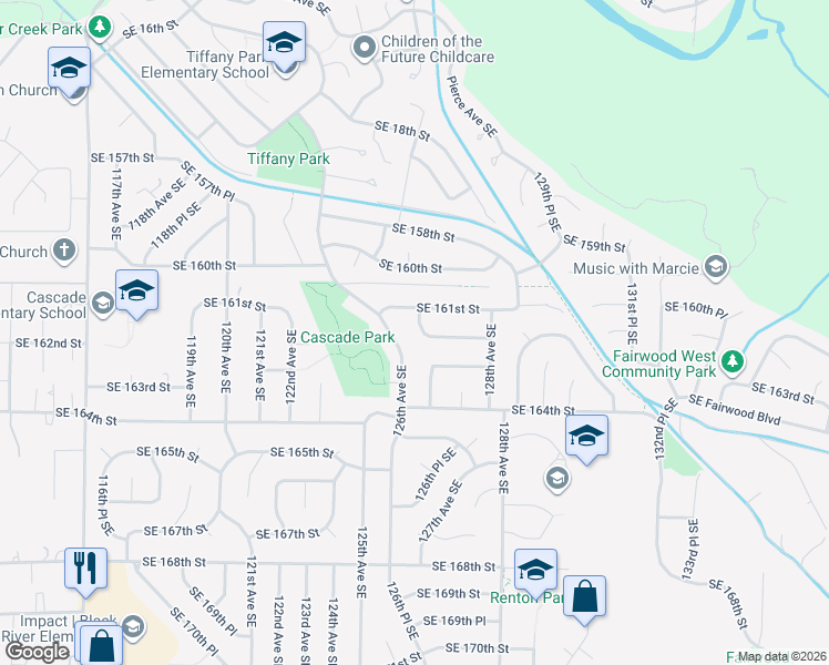 map of restaurants, bars, coffee shops, grocery stores, and more near 16117 126th Place Southeast in Renton