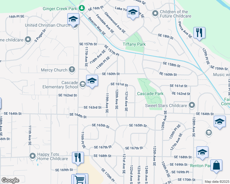 map of restaurants, bars, coffee shops, grocery stores, and more near 16125 120th Avenue Southeast in Renton