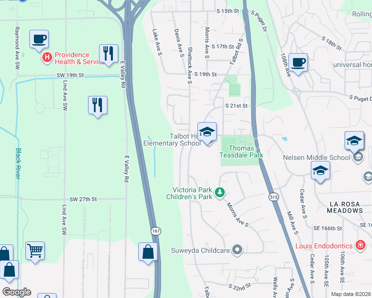 map of restaurants, bars, coffee shops, grocery stores, and more near 2323 Talbot Road South in Renton