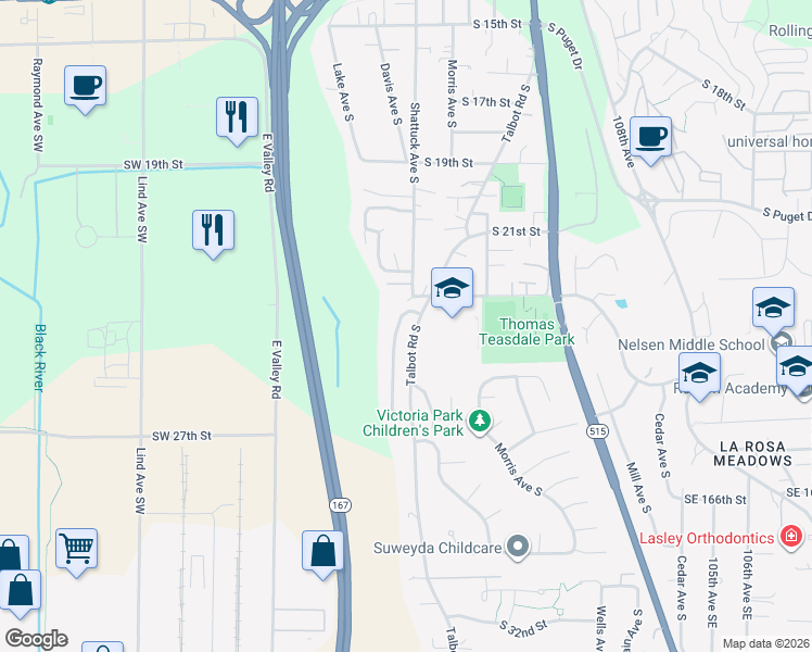 map of restaurants, bars, coffee shops, grocery stores, and more near 2320 Talbot Crest Drive South in Renton