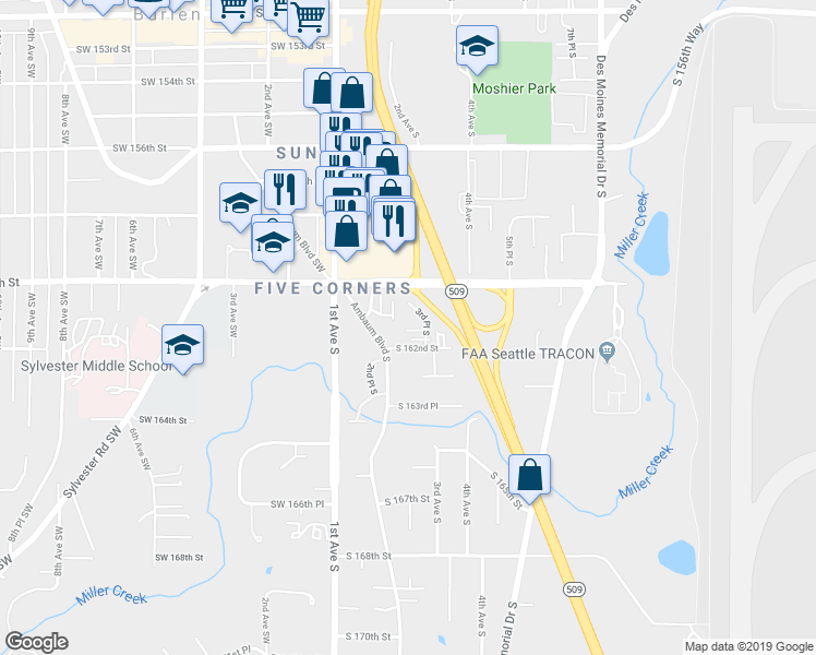 map of restaurants, bars, coffee shops, grocery stores, and more near 230 South 161st Court in Burien