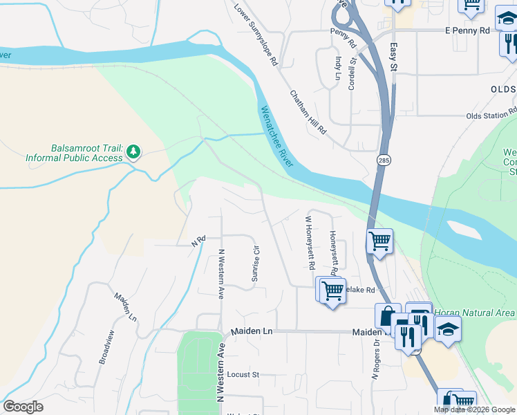 map of restaurants, bars, coffee shops, grocery stores, and more near 1637 Horselake Road in Wenatchee