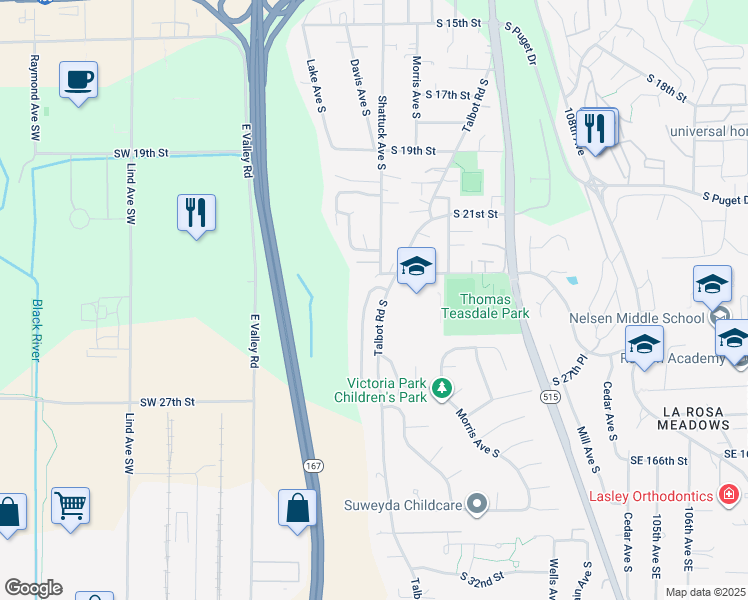 map of restaurants, bars, coffee shops, grocery stores, and more near 2320 Talbot Crest Drive South in Renton