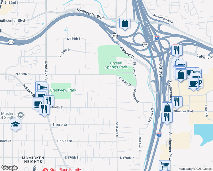 map of restaurants, bars, coffee shops, grocery stores, and more near 4901 South 161st Street in Tukwila