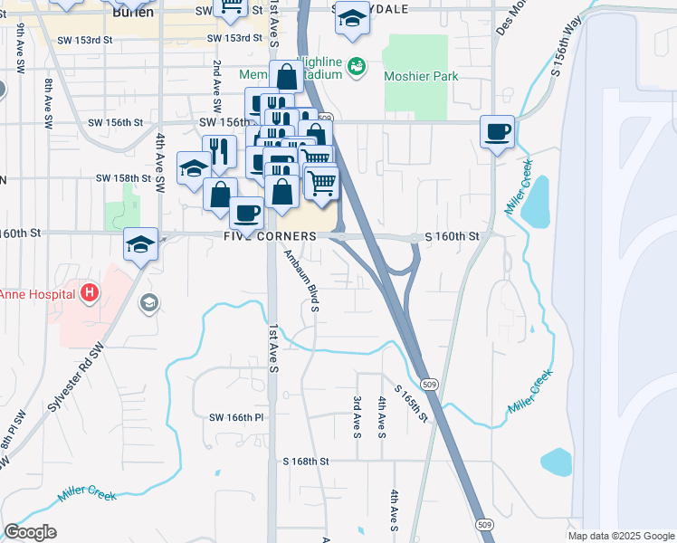 map of restaurants, bars, coffee shops, grocery stores, and more near 230 South 161st Court in Burien