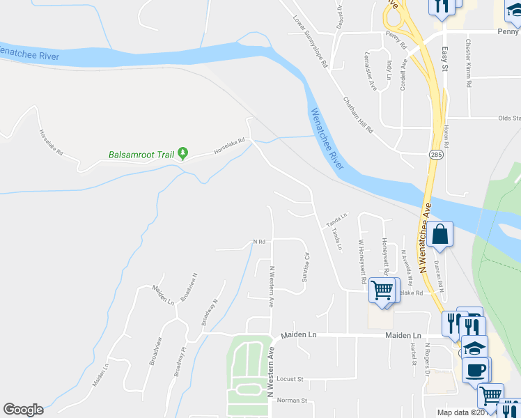 map of restaurants, bars, coffee shops, grocery stores, and more near 2220 North Western Avenue in Wenatchee