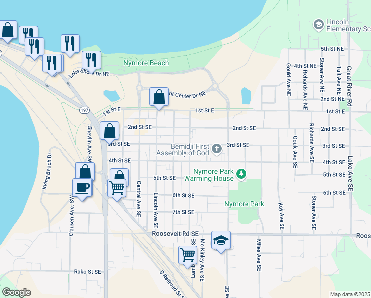 map of restaurants, bars, coffee shops, grocery stores, and more near 808 3rd Street Southeast in Bemidji