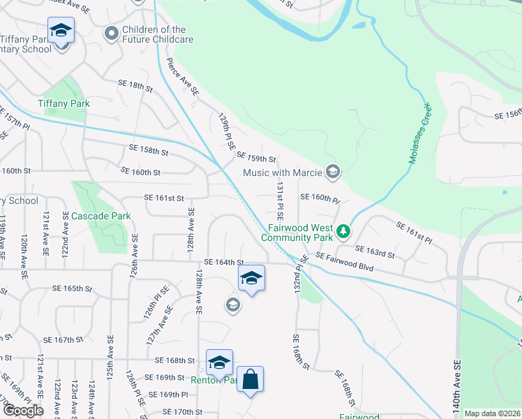 map of restaurants, bars, coffee shops, grocery stores, and more near 13054 Southeast 161st Street in Renton