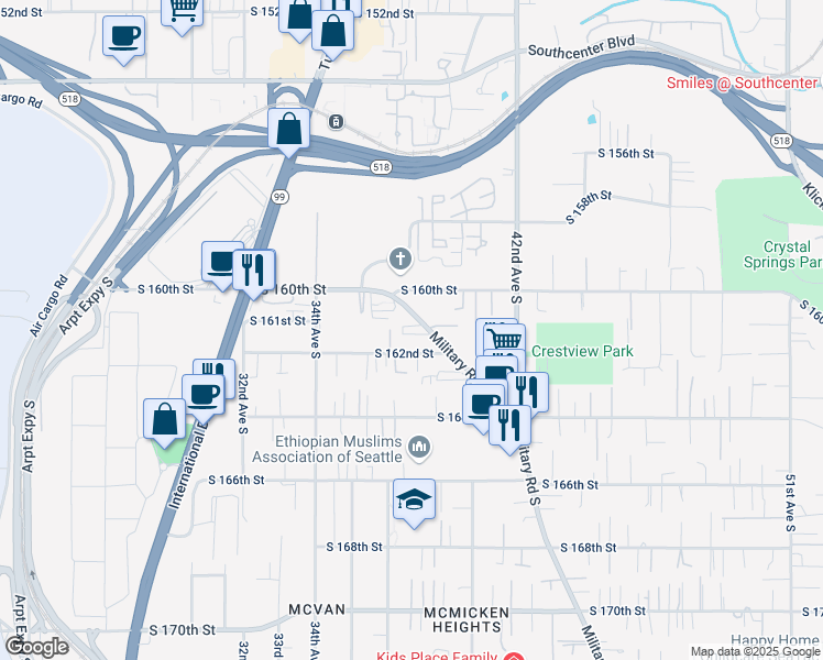 map of restaurants, bars, coffee shops, grocery stores, and more near 16106 37th Lane South in SeaTac
