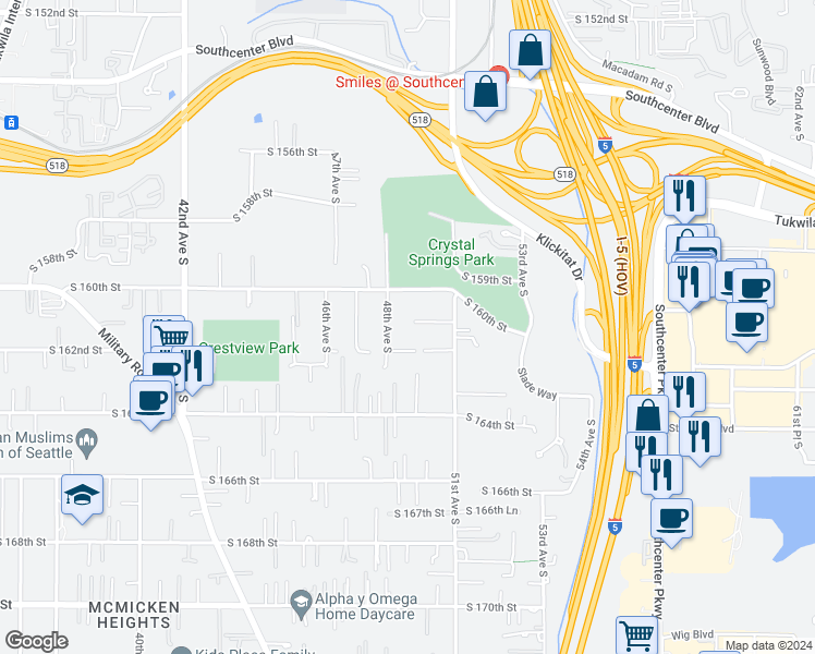 map of restaurants, bars, coffee shops, grocery stores, and more near 4901 South 161st Street in Tukwila