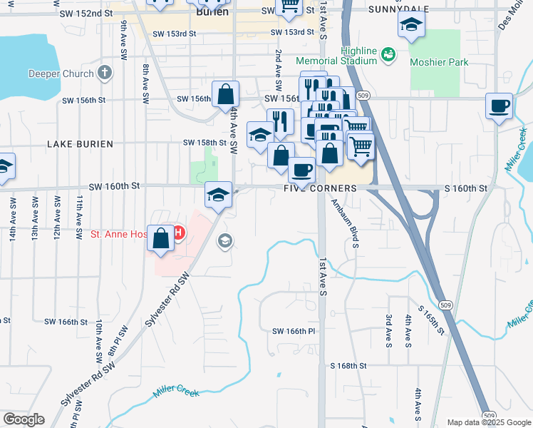 map of restaurants, bars, coffee shops, grocery stores, and more near 16040 3rd Avenue Southwest in Burien