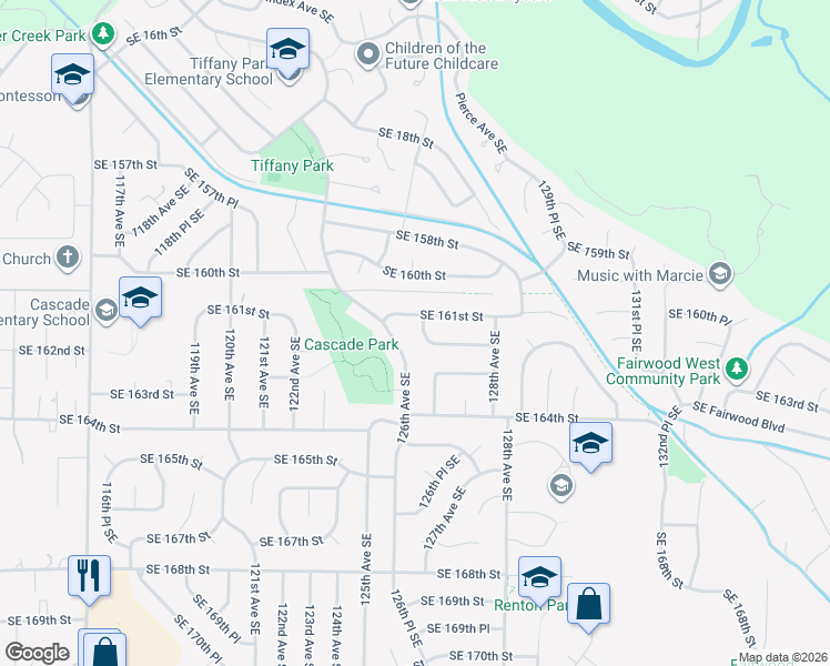 map of restaurants, bars, coffee shops, grocery stores, and more near 16117 126th Place Southeast in Renton