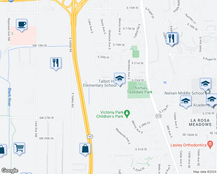 map of restaurants, bars, coffee shops, grocery stores, and more near 2320 Talbot Crest Drive South in Renton