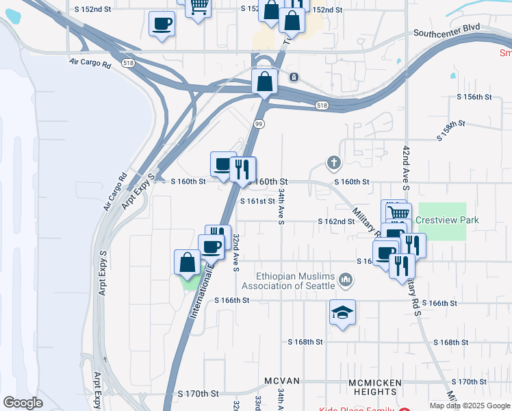 map of restaurants, bars, coffee shops, grocery stores, and more near 3229 South 161st Street in SeaTac