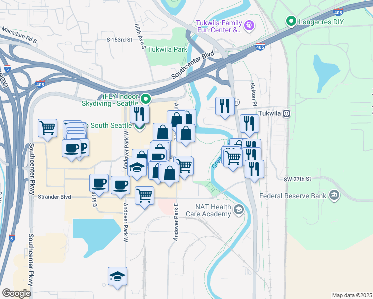 map of restaurants, bars, coffee shops, grocery stores, and more near 130 Andover Park East in Tukwila
