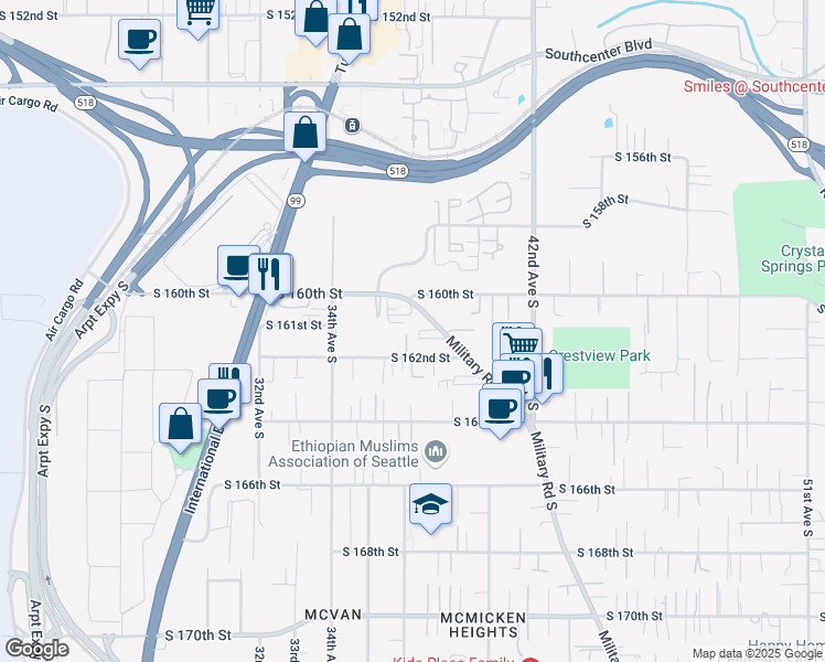 map of restaurants, bars, coffee shops, grocery stores, and more near 16106 37th Lane South in SeaTac