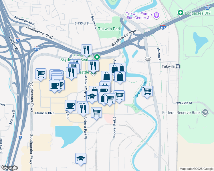 map of restaurants, bars, coffee shops, grocery stores, and more near 406 Baker Boulevard in Tukwila