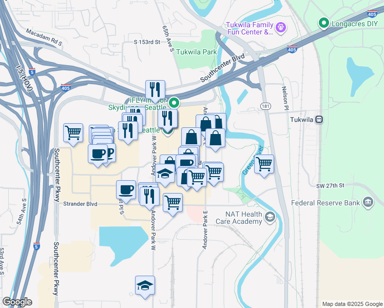 map of restaurants, bars, coffee shops, grocery stores, and more near 406 Baker Boulevard in Tukwila