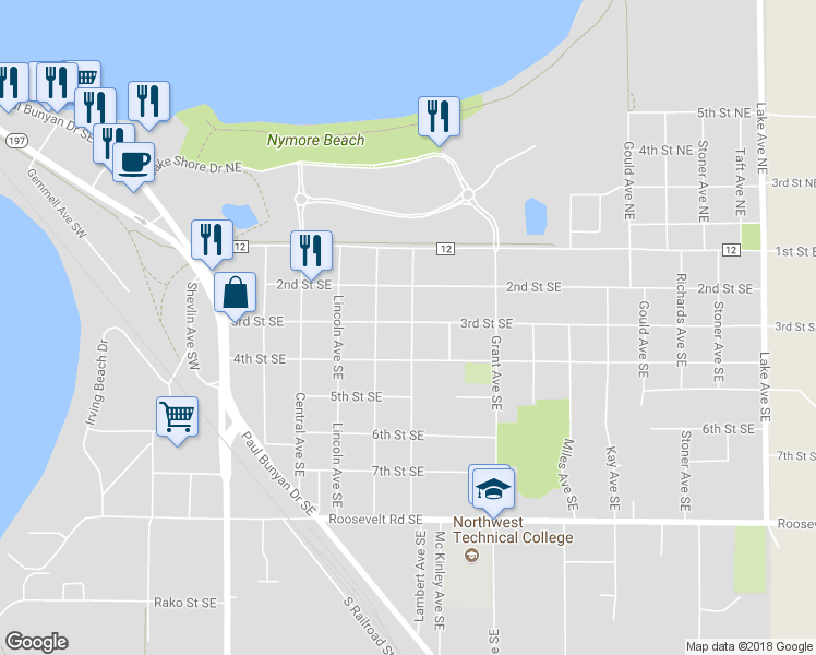 map of restaurants, bars, coffee shops, grocery stores, and more near 808 3rd Street Southeast in Bemidji