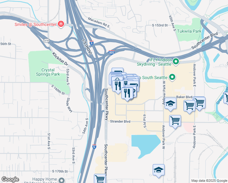 map of restaurants, bars, coffee shops, grocery stores, and more near 16198 Southcenter Pkwy in Tukwila