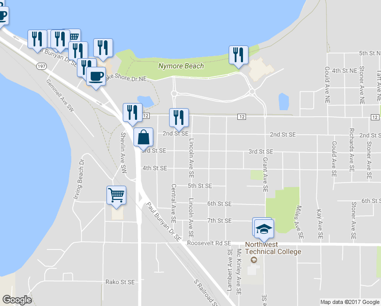 map of restaurants, bars, coffee shops, grocery stores, and more near 610 3rd Street Southeast in Bemidji