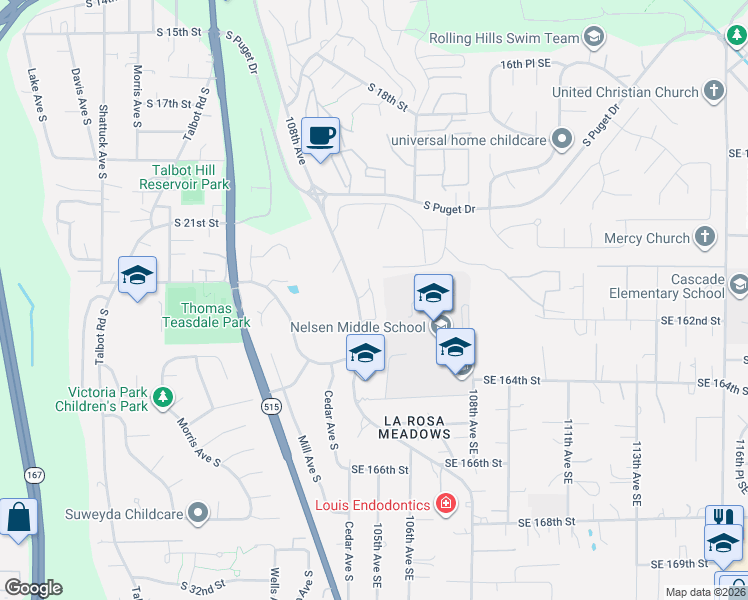 map of restaurants, bars, coffee shops, grocery stores, and more near 2300 Benson Road South in Renton