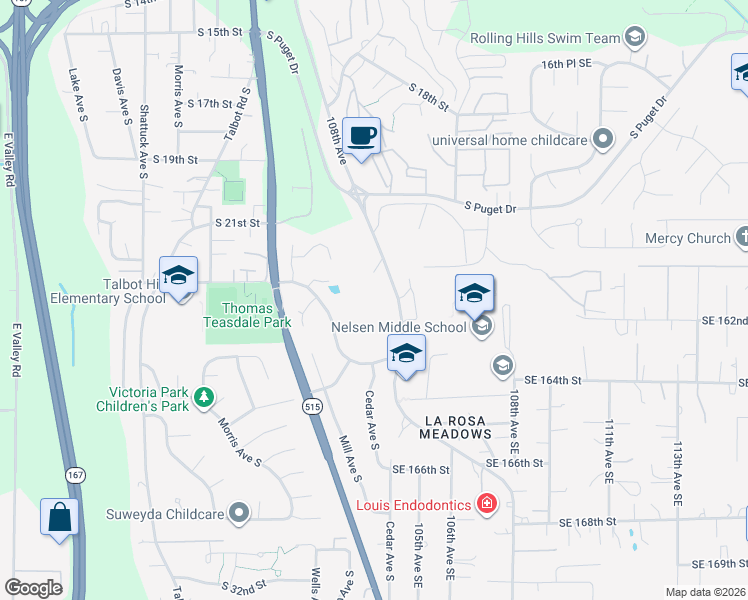 map of restaurants, bars, coffee shops, grocery stores, and more near 2223 Benson Road South in Renton