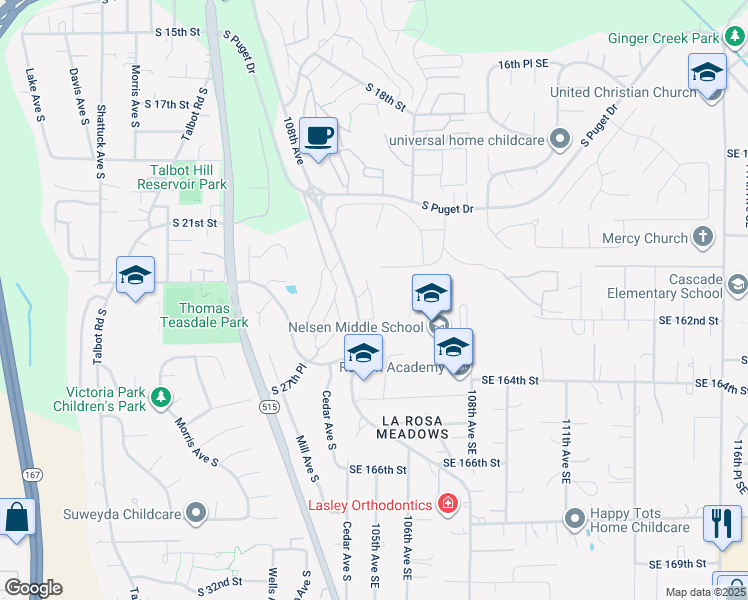 map of restaurants, bars, coffee shops, grocery stores, and more near 2300 Benson Road South in Renton