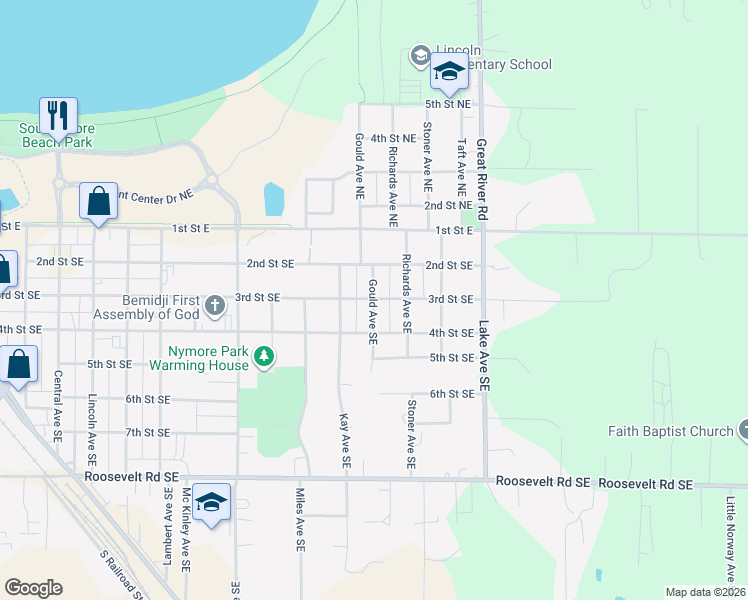 map of restaurants, bars, coffee shops, grocery stores, and more near 1390 3rd Street Southeast in Bemidji