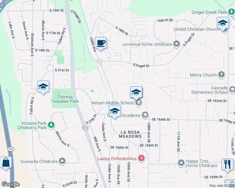map of restaurants, bars, coffee shops, grocery stores, and more near 2300 Benson Road South in Renton