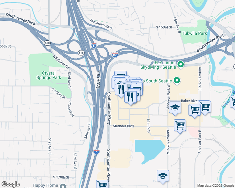 map of restaurants, bars, coffee shops, grocery stores, and more near 2800 Southcenter Mall in Seattle