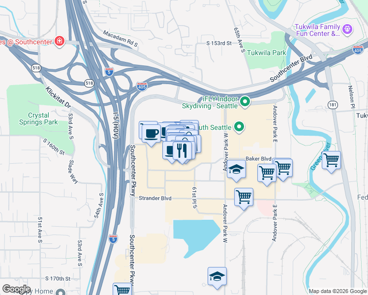 map of restaurants, bars, coffee shops, grocery stores, and more near 2800 Southcenter Mall in Seattle