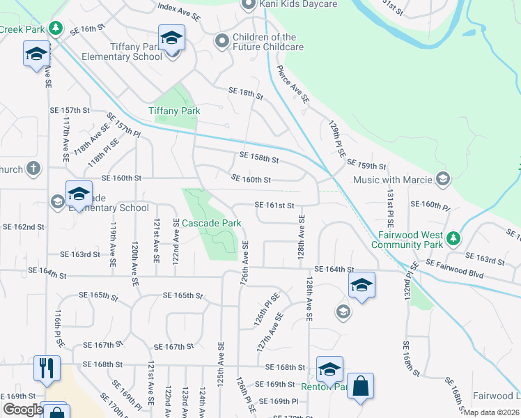 map of restaurants, bars, coffee shops, grocery stores, and more near 16117 126th Place Southeast in Renton