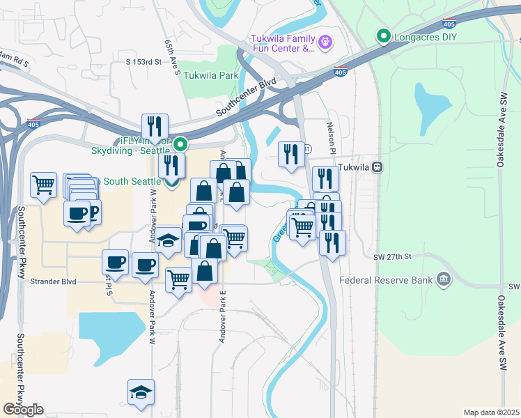 map of restaurants, bars, coffee shops, grocery stores, and more near 6801-9783 Green River Trail in Tukwila