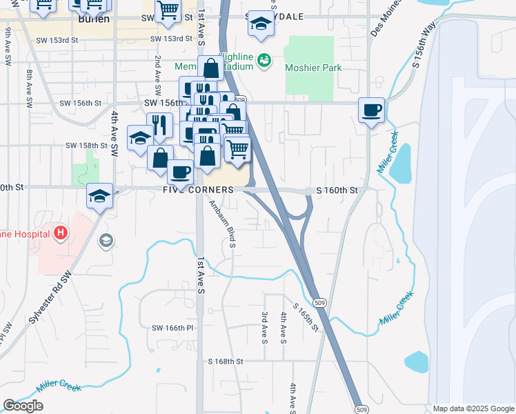 map of restaurants, bars, coffee shops, grocery stores, and more near 230 South 161st Court in Burien