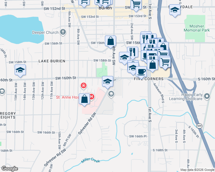 map of restaurants, bars, coffee shops, grocery stores, and more near in Burien