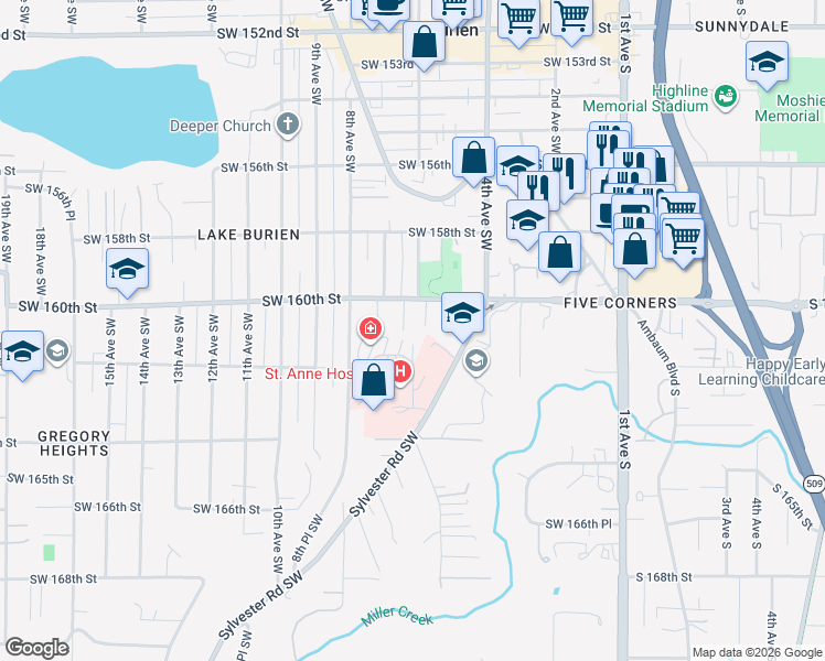 map of restaurants, bars, coffee shops, grocery stores, and more near 16069 Sylvester Road Southwest in Burien