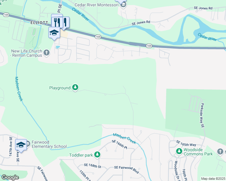 map of restaurants, bars, coffee shops, grocery stores, and more near 15719 Southeast 160th Place in Renton