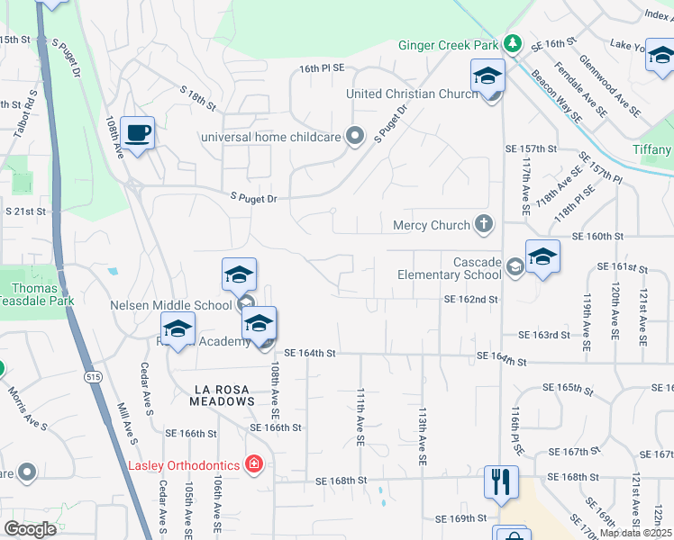 map of restaurants, bars, coffee shops, grocery stores, and more near 1455 South Puget Drive in Renton
